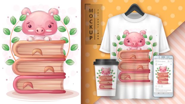 Pig read book poster and merchandising. Vector eps 10