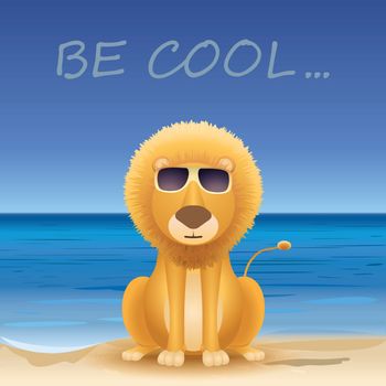 Cartoon lion sitting on beach, text Be cool