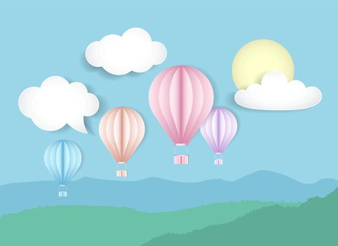 Vector illustration of sky with hot air balloons. Natural background with landscape with clouds and sun