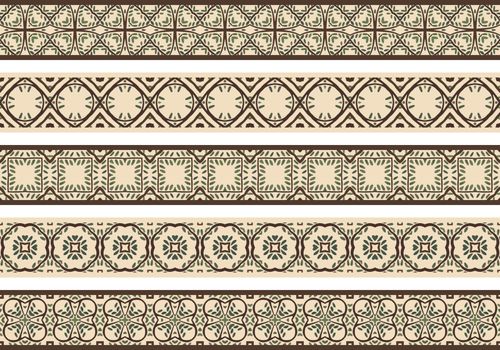 Set of five illustrated decorative borders made of abstract elements in beige, green and brown