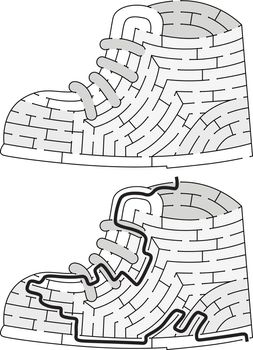 Shoe maze for kids with a solution in black and white