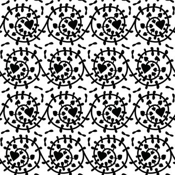Seamless illustrated pattern made of illustrated black floral element on white
