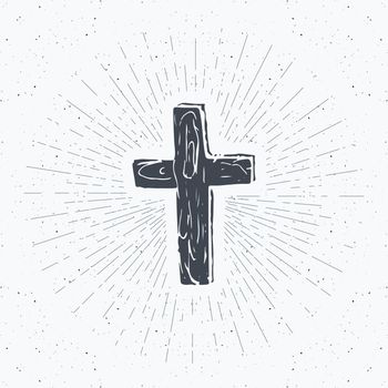 Vintage label, Hand drawn Christian cross, religious sign, crucifix symbol grunge textured retro badge, typography design t-shirt print, vector illustration.