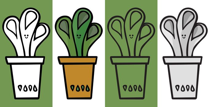 Illustrated succulent cartoon plant in black and white, color, outline and gray and black