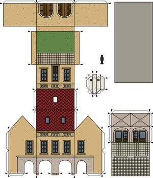 The vectorized hand drawing of an paper model of the old beige town burger house