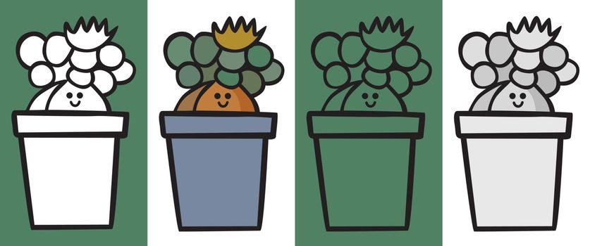 Illustrated cactus cartoon plant in black and white, color, outline and gray and black