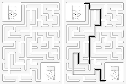 Easy little stars and flags maze for kids with a solution in black and white
