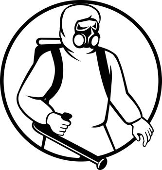 Black and white illustration of an industrial worker, healthcare, essential or pest exterminator wearing respiratory protective equipment, fumigating spraying disinfectant set in circle retro style.