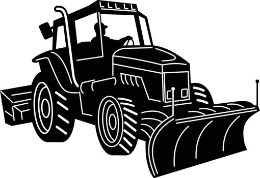Retro black and white illustration of a snow plow tractor, snow removal machine equipment or snow plow truck viewed from side on isolated white background.