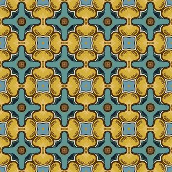 Seamless illustrated pattern made of abstract elements in beige,blue, yellow and brown