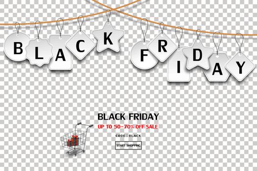 Black friday sale tag hanging on rope on transparent background,for advertising,shopping online,website or promotion,vector illustration