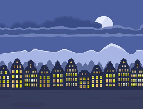 Vector illustration of old town at night. Night sky with moon