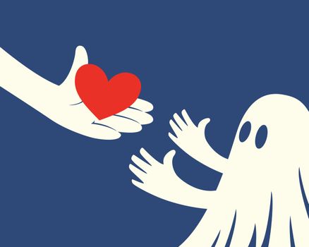 Close up of hand holding red Heart and a children with white ghost costume on blue background