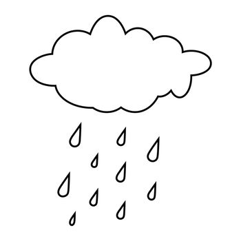 Rain cloud outline isolated on white. Cartoon, autumnal forecast contour with water drops. Illustration of rainy cumulus with droplets falling down. Vector graphic eps10.