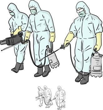 three specialists in protective suit spraying disinfectant to cleaning and disinfect virus, Covid-19, Coronavirus, preventive measure