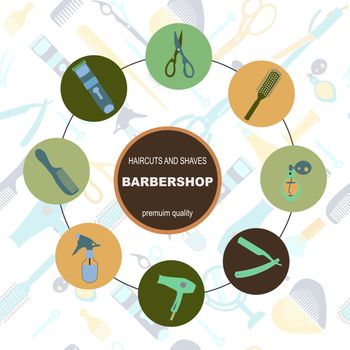 Barber Shop Vector Silhouettes and Icons Set for Vintage hairdresser salon. Round frame composition of Hair salon objects, symbols and items on seamless pattern.  