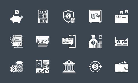 Banking icons set. Related vector glyph icons. Isolated onblack background. Vector illustration.