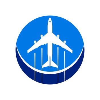 Logo on the theme of aviation. Air transportation. Flight of the airliner against the background of a blue two-color circle.