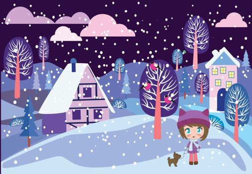 Cute girl with small dog on Winter landscape. Beautiful cartoon chibi girl. Merry Christmas greeting card design with Winter country night landscape.