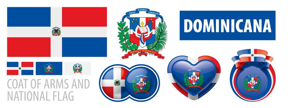 Vector set of the coat of arms and national flag of Dominicana.