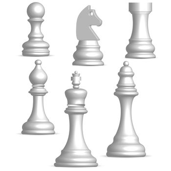 Photo realistic white chess pieces. Front view, vector illustration.