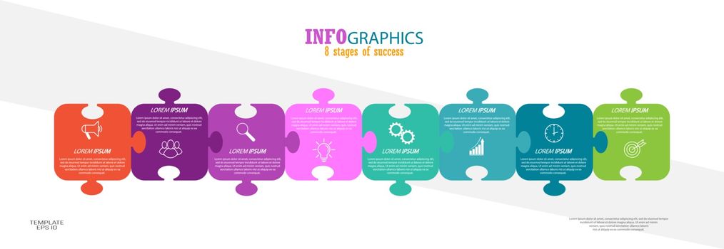 Infographics. A concept template with visual icons. 8 stages of business, training, marketing or financial success. Vector illustration

