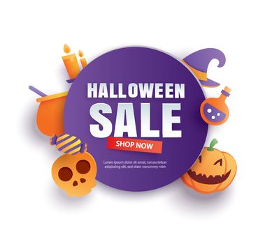 Halloween sale promotion template with paper art element design for flyer, banner, poster, discount, advertising.