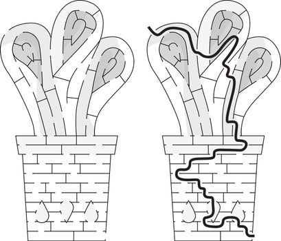 Succulent maze for kids with a solution in black and white