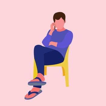 Young man sitting on the chair and talking on the cell phone. Flat design, vector illustration. 