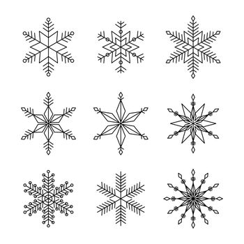 Snowflake winter set collection isolated on white background. Snow icons, silhouette for Christmas and New Year banner, cards. Vector and illustration.