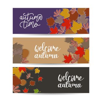 Set of three horizontal banners with autumn maple leaves. Collection of templates for autumn sales with text. Vector EPS 10