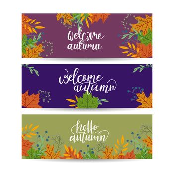 Set of three vector banners with colorful autumn leaves.