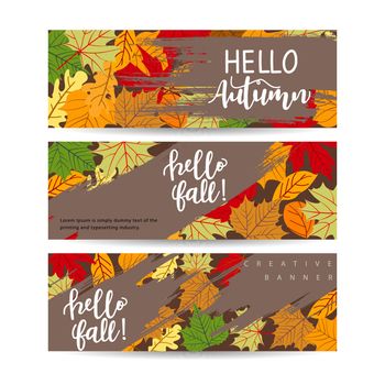 Set of three horizontal banners with autumn maple leaves. Collection of templates for autumn sales with text. Vector EPS 10