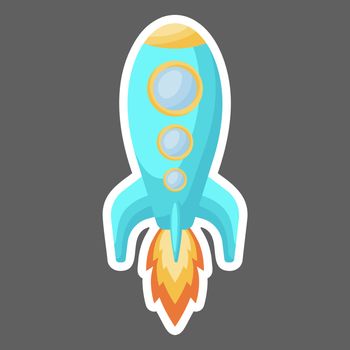 Bright turquoise cartoon rocket with fire trace launched into space for design of notebook, cards, invitation. Cute sticker template decorated with cartoon image. Colorful vector stock illustration.