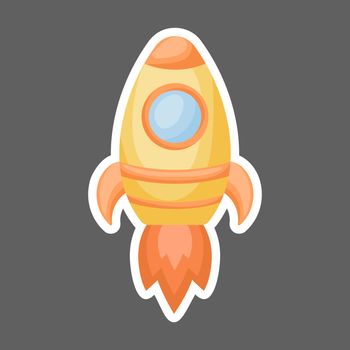 Bright cartoon yellow rocket with fire trace launched into space for design of notebook, cards, invitation. Cute sticker template decorated with cartoon image. Colorful vector stock illustration.