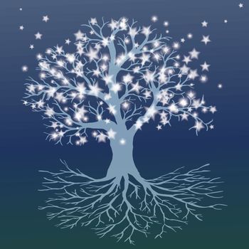 An icy tree of life with a full starry crown and roots. The trunk is icy transparent blue and the leafs are white stars. The background is dark.