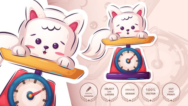 Cat in the scales - cute sticker. Vector eps 10