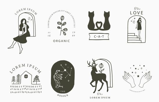 Beauty occult collection with woman,deer,cat,flower,house.Vector illustration for icon,sticker,printable and tattoo