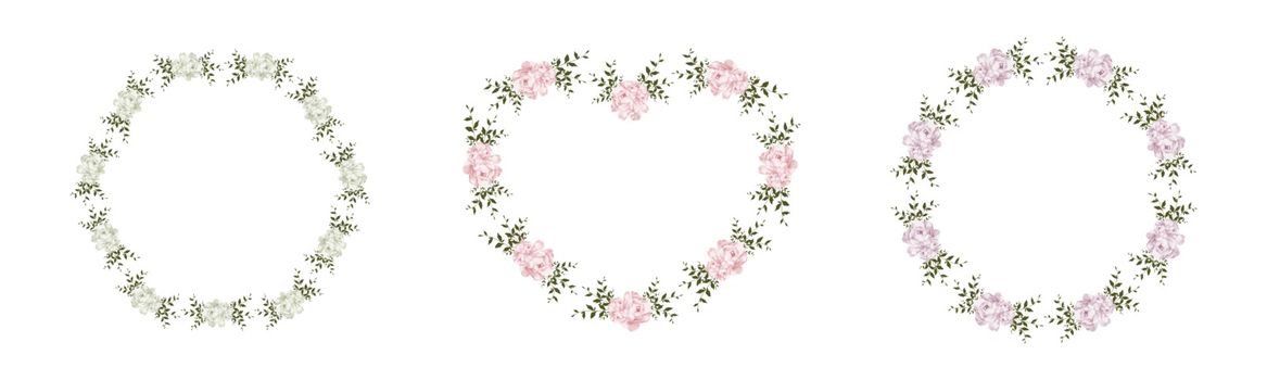 Floral frame with green leaf bouquet for decoration or wedding invite card design element set.