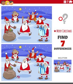 Cartoon illustration of finding differences between pictures educational game for children with Christmas Santa characrters