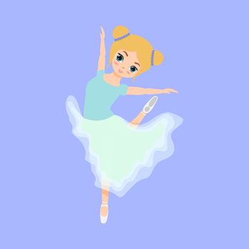 Cute small ballerina dancing. Ballerina girl in blue tutu dress. Beautiful kid flat cartoon vector illustration isolated on blue background.