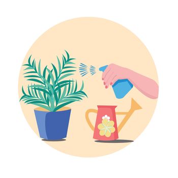 Hand sprays Plant in pot. Water Pulverizer Symbol with flower. Hand holding Spray Bottle for watering potted flowers. Care of houseplants and indoor gardening icon. 
