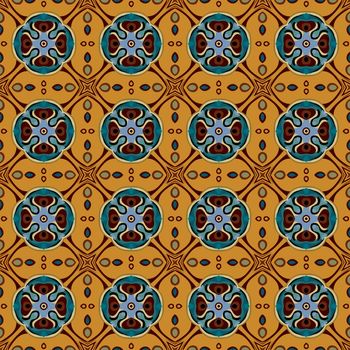 Seamless illustrated pattern made of abstract elements in yellow, orange, brown, blue and black