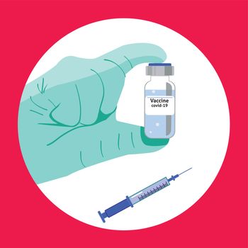 Hand with medical gloves holding vaccine bottle. Medical bottle with coronavirus vaccine. Concept of Vaccines to provention or fight against Coronavirus.