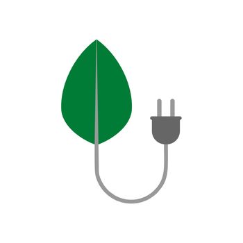 Green leaf and plug icon isolated on white background. Ecology concept save energy. Vector illustration