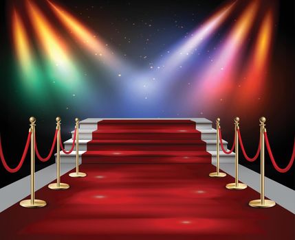 Red carpet and golden barriers realistic 3d vector illustration. VIP event, luxury celebration. Celebrity party entrance.  Grand opening. Cinema premiere. illustration - Vector.
