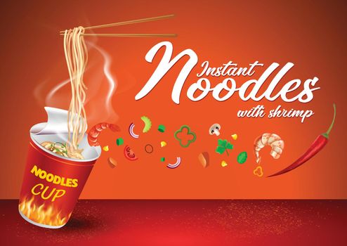 Instant cup noodles. Chinese and taiwan noodle. Japanese ramen fast food. Chopsticks with noodle. Realistic cup of asian noodle. Realistic picture template for advertizing placard. Vector.