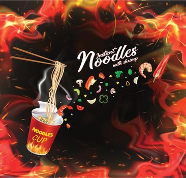 Instant cup noodles. Chinese and taiwan noodle. Japanese ramen fast food. Chopsticks with noodle. Realistic cup of asian noodle. Realistic picture template for advertizing placard. Vector.