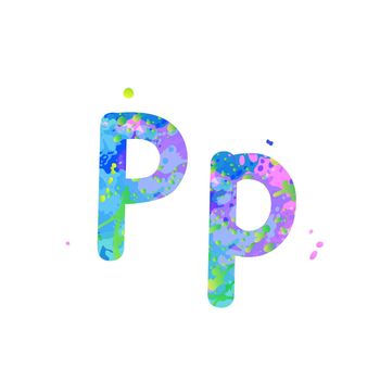 Letters P uppercase and lowercase with effect of liquid spots of paint in blue, green, pink colors, isolated on white background. Decoration element for design of a flyer, poster, cover, title. Vector