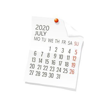 Vector calendar for July 2020 on white paper with holding pin over white background